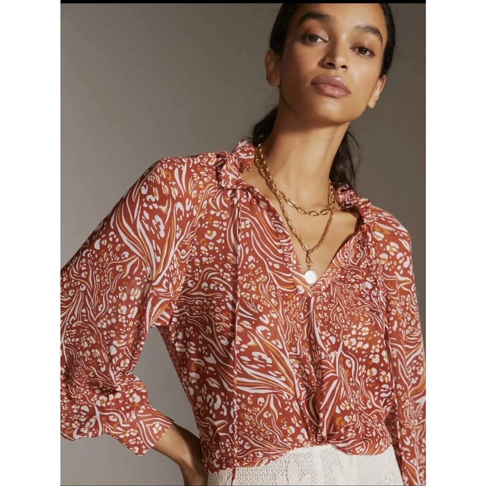 Anthropologie Sheer Printed Peasant Blouse Orange Motif Long Sleeve Size XS